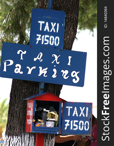 Taxi station on a street of a village in Chalkidiki in Greece