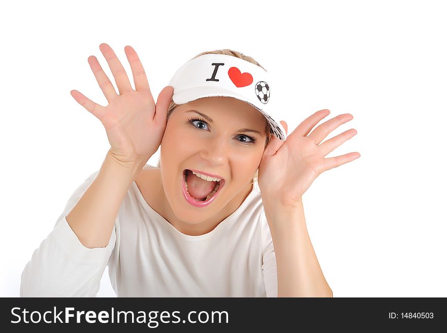 Pretty football fan girl in funny hat. isolated on white background