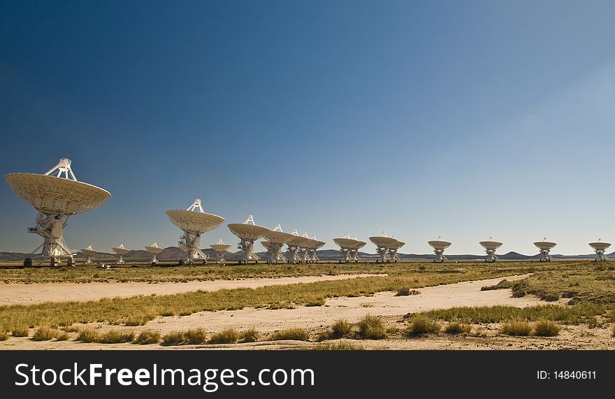 Many of the 27 huge radio telescopes arrayed in close triangular formation west of Socorro, New Mexico to probe the secrets of the universe. Many of the 27 huge radio telescopes arrayed in close triangular formation west of Socorro, New Mexico to probe the secrets of the universe.