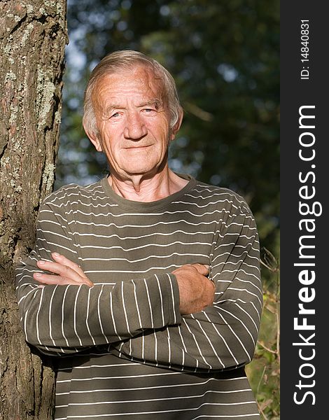 Portrait of the grey-haired elderly man in the summer in village on the nature. Portrait of the grey-haired elderly man in the summer in village on the nature