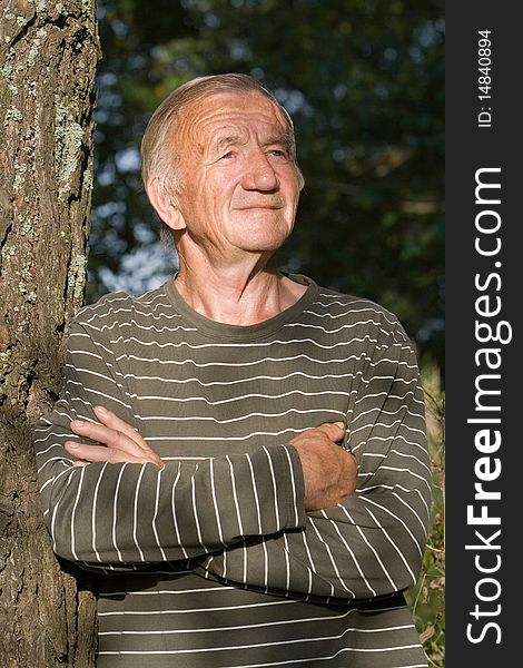 Portrait of the grey-haired elderly man in the summer in village on the nature. Portrait of the grey-haired elderly man in the summer in village on the nature