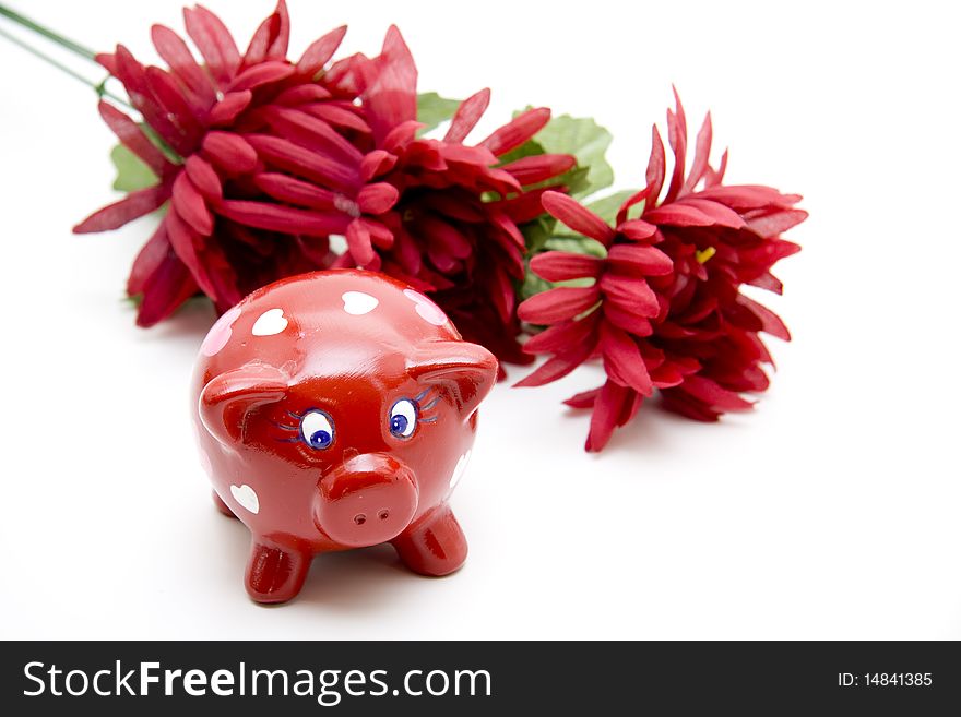 Red ceramic pig with heart. Red ceramic pig with heart