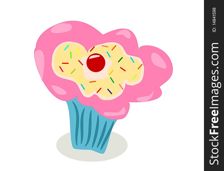 Cupcake with pink cream coat and colorful candies and cherry in blue cup illustration. Cupcake with pink cream coat and colorful candies and cherry in blue cup illustration