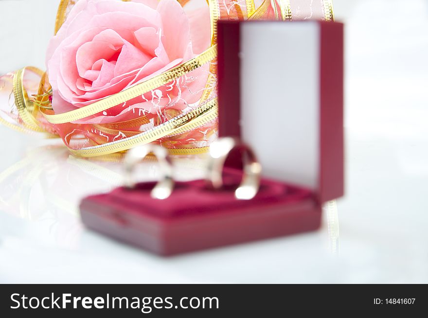 Rose and wedding rings on white background