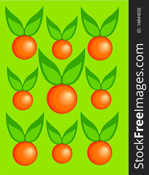 Fresh oranges with leaves over green background. Three different sizes. Vector illustration
