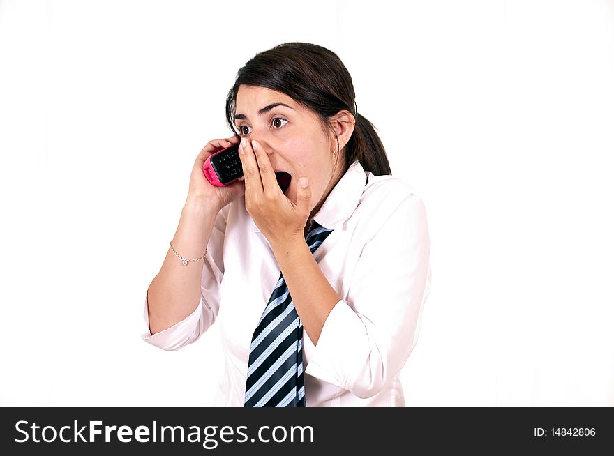 Female office worker having telephone conversation with client or customer