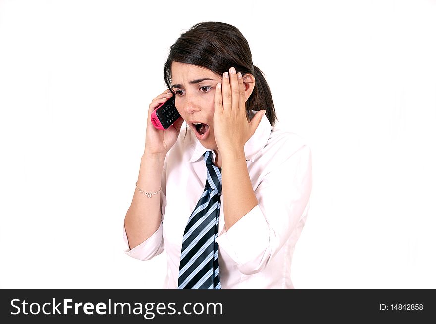 Female office worker having telephone conversation with client or customer