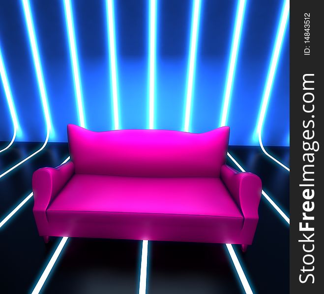 Club purple sofa in blue interior with halogen lights. Club purple sofa in blue interior with halogen lights