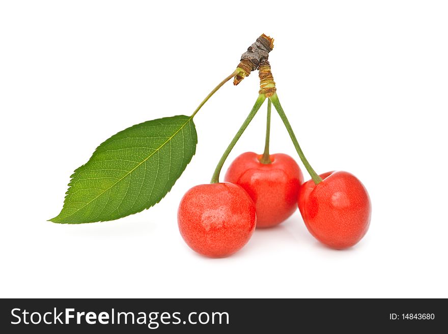 Ripe red cherry with leaf isolated