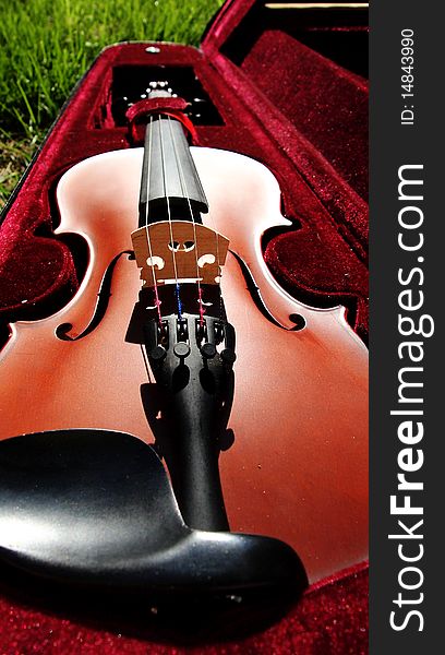 Violin in red fabric case lying in the grass