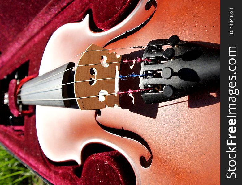 Detail of bridge, string, and f holes on a violin. Violin rests in a red velvet case