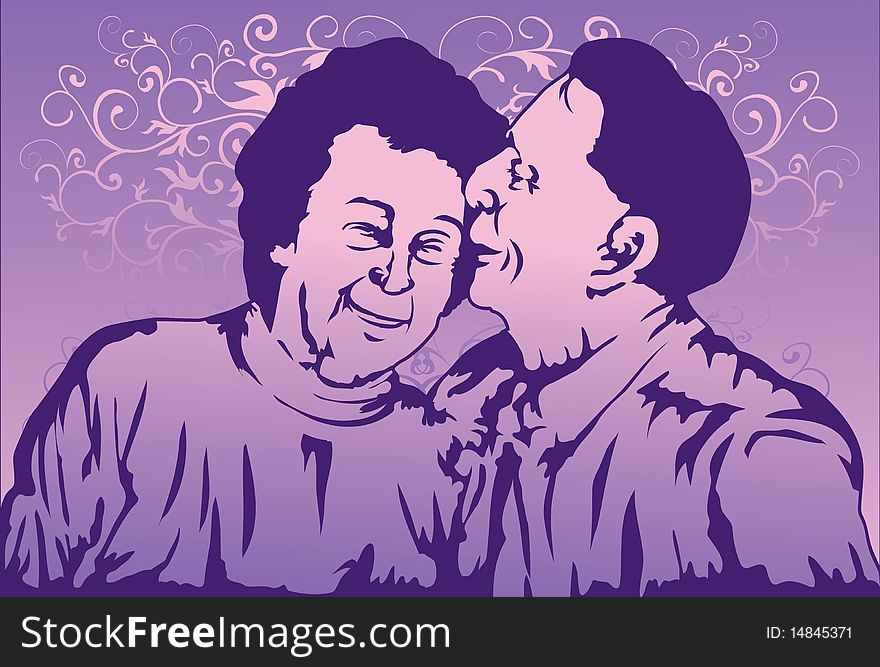 Image of an elderly couple who is kissing each other with love and affection. Image of an elderly couple who is kissing each other with love and affection.