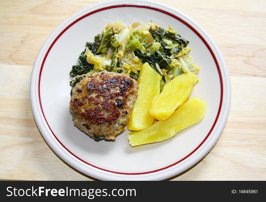 Meat ball with potatoes, savoy cabbage