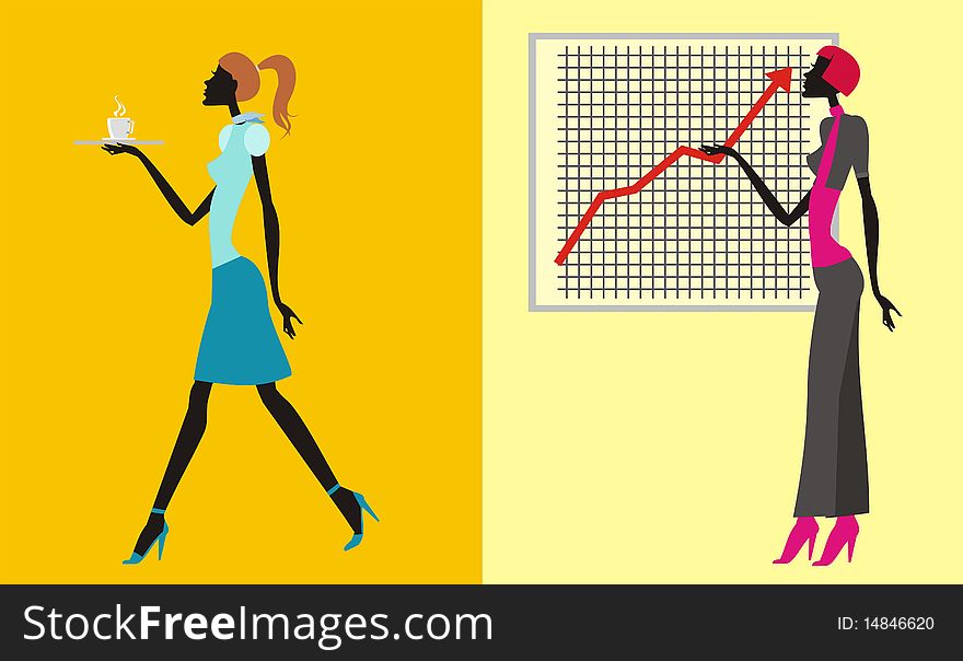 Silhouette of the girls working in the office. Vector Work. Silhouette of the girls working in the office. Vector Work