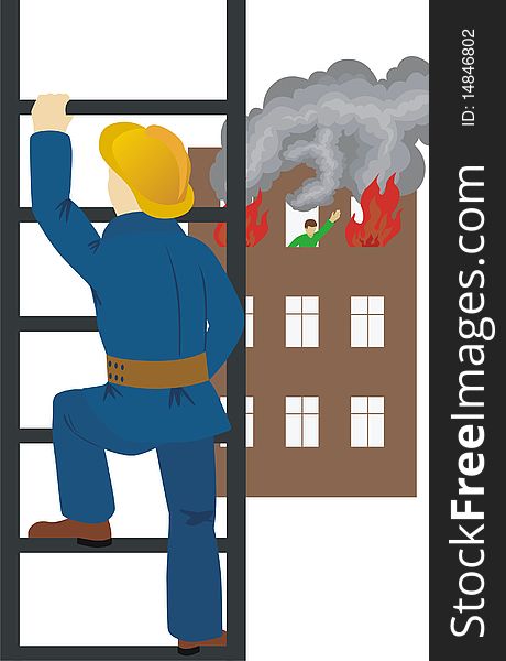 Rescue climbs the stairs. In the distance a burning building, the window a man calling for help. Rescue climbs the stairs. In the distance a burning building, the window a man calling for help