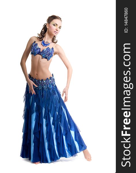 Beautiful woman in blue dress dancing. Beautiful woman in blue dress dancing