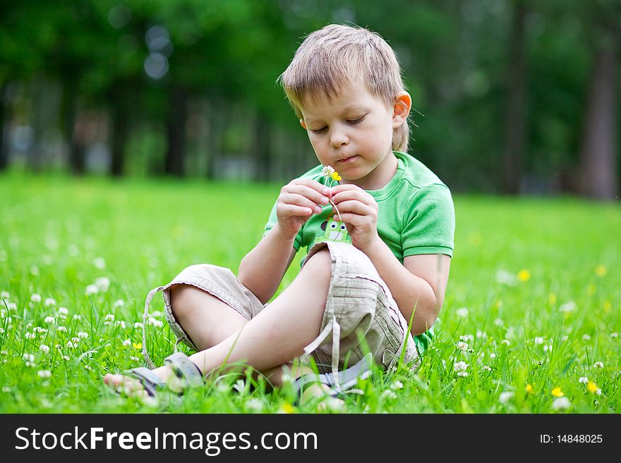 Portrait of a boy smelling flowers