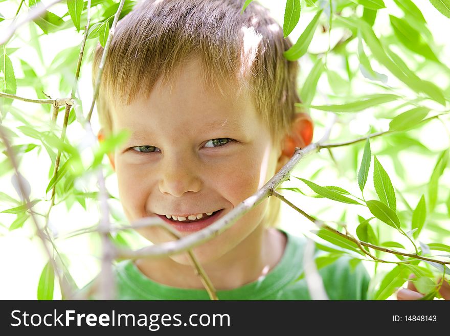 Portrait of a smiling redhead boy in green leaves in summer