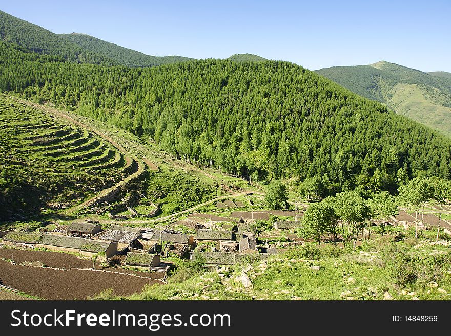 The summer scenery of Wutai Mountain, Shanxi, China. The village is called Tiewadian(iron tile hall). The summer scenery of Wutai Mountain, Shanxi, China. The village is called Tiewadian(iron tile hall).