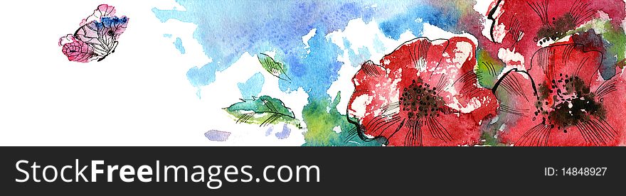 Red Poppy and a butterfly. Summer. Watercolor on white background.