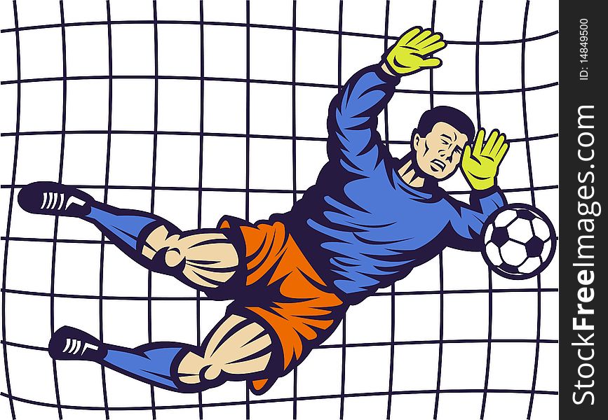 Illustration of a Soccer football goalie keeper saving a goal with net in background. Illustration of a Soccer football goalie keeper saving a goal with net in background.