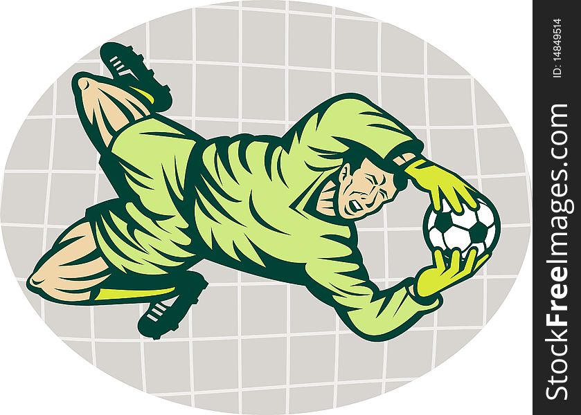 Illustration of a Soccer football goalie keeper saving a goal with net in background. Illustration of a Soccer football goalie keeper saving a goal with net in background.