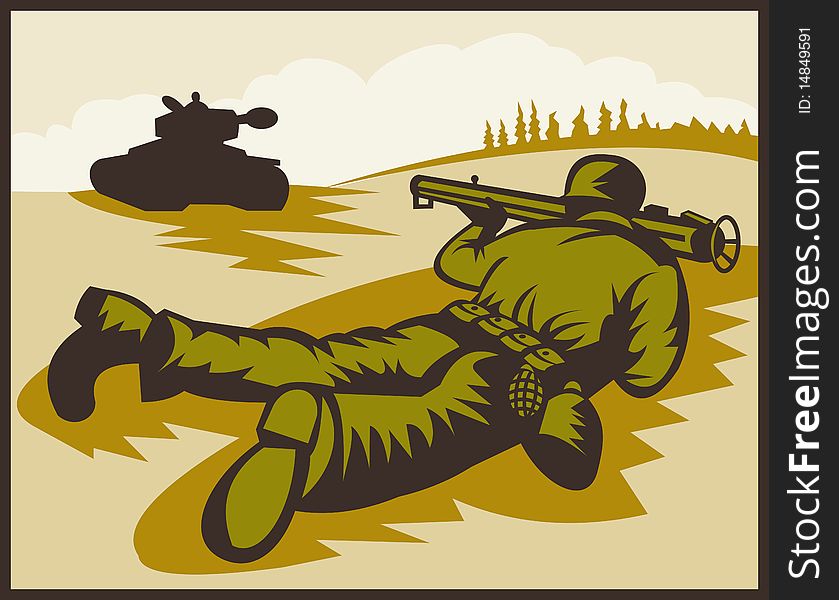 Illustration of a World two soldier aiming bazooka at battle tank. Illustration of a World two soldier aiming bazooka at battle tank.
