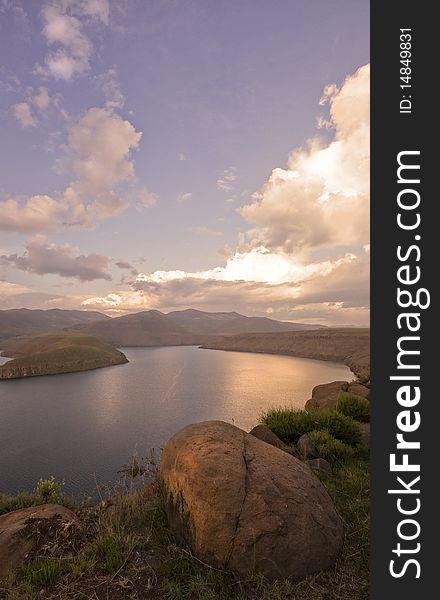 Dusk over Katse dam, Lesotho, Southern africa. Dusk over Katse dam, Lesotho, Southern africa