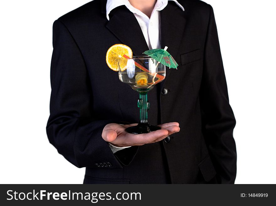 Bartender offering cocktail on a white background. Bartender offering cocktail on a white background