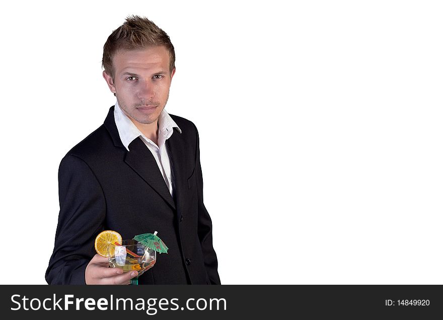 Bartender offering cocktail on a white background. Bartender offering cocktail on a white background