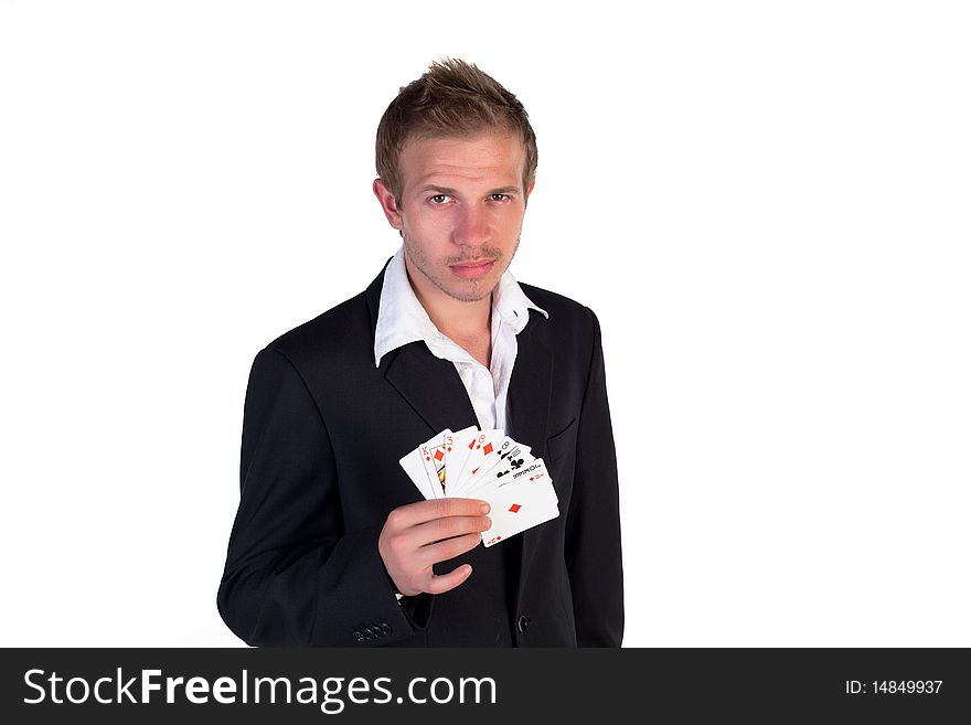 Casino dealer showing his cards. Casino dealer showing his cards