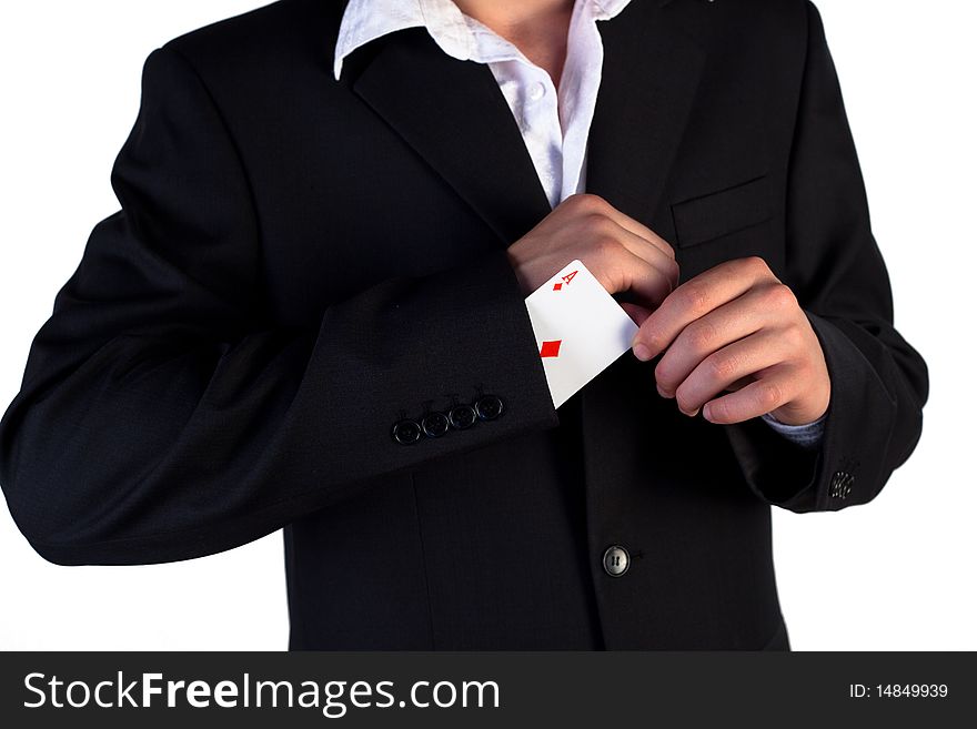 Casino dealer drawing card from his sleeve. Casino dealer drawing card from his sleeve