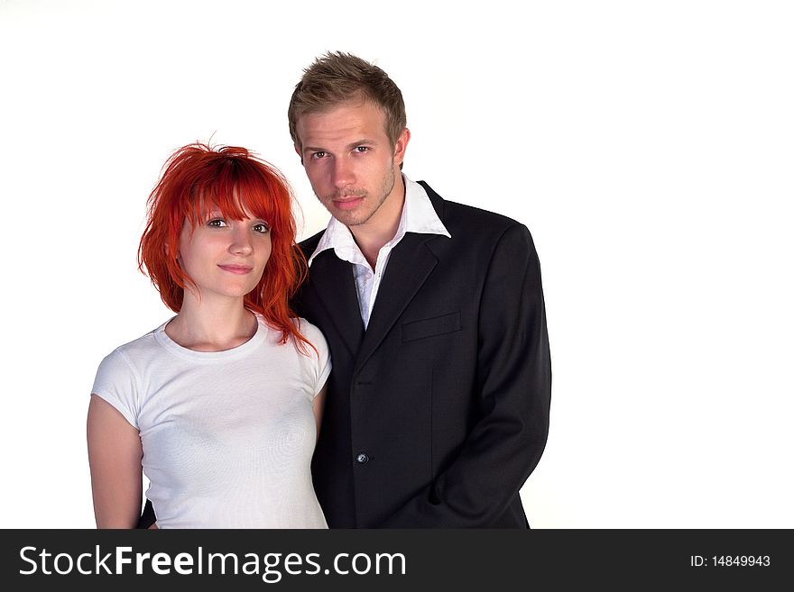 Boy and girl posing on a white background. Boy and girl posing on a white background