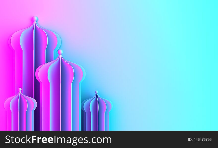 Arabic window or mosque paper cut o blue violet purple pink gradient background.