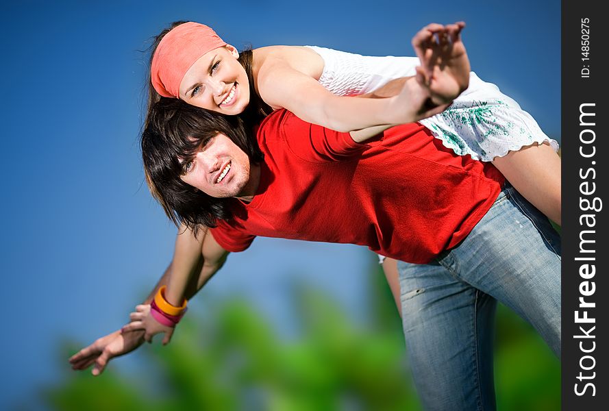 Boy and smiling girl in kerchief