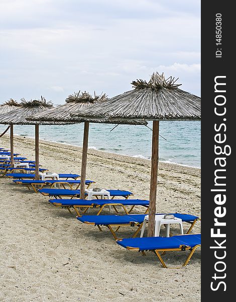 Empty beach bench, pefkochori greece