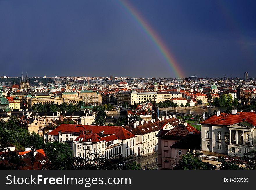 The Prague and rainbow in the evening.