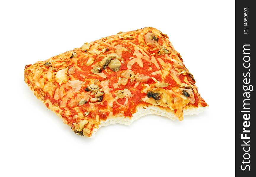 Bitten pizza slice isolated on white