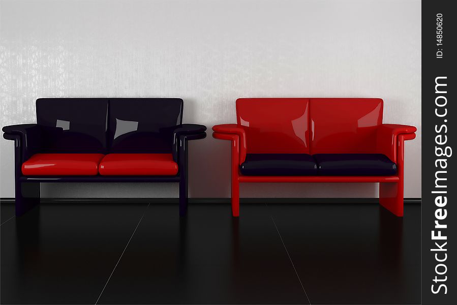 Two modern violet and red sofas in the room, 3d illustrations, black floor and white wall
