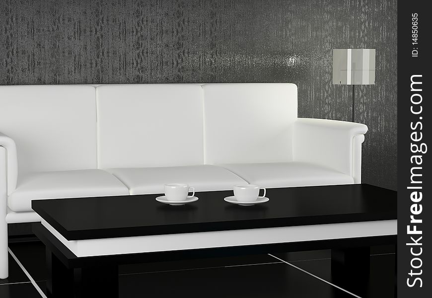 White sofa and coffee table in the modern room for coffee break, 3d illustrations, dining room