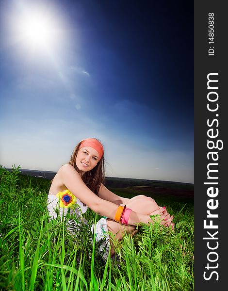 Long-haired Girl On Grass