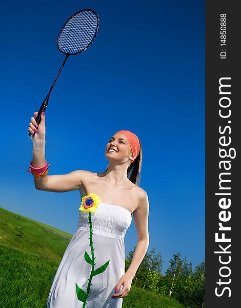 Nice girl in white dress with racket. Nice girl in white dress with racket