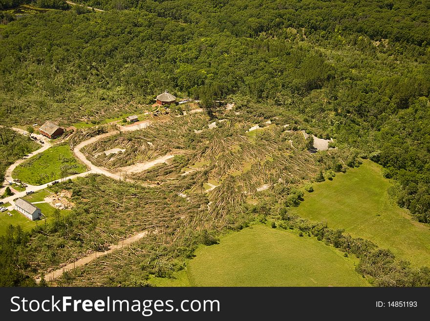 Tornado damage to old world wisconsin. cyclonic pattern visible in fallen trees