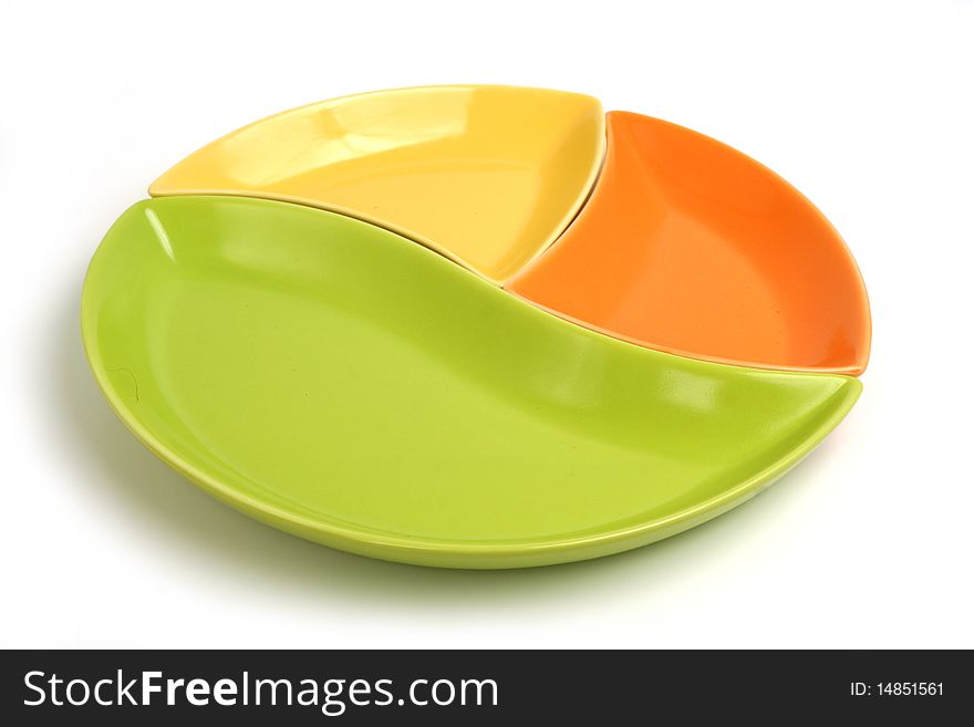 Empty three-coloured plate on white background