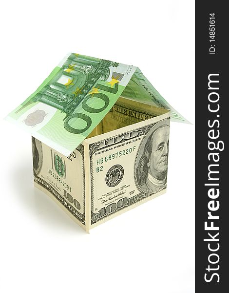 House made from dollor  and euro  bills on white  background. House made from dollor  and euro  bills on white  background