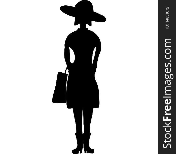 Black silhouette of the woman in hat, with package