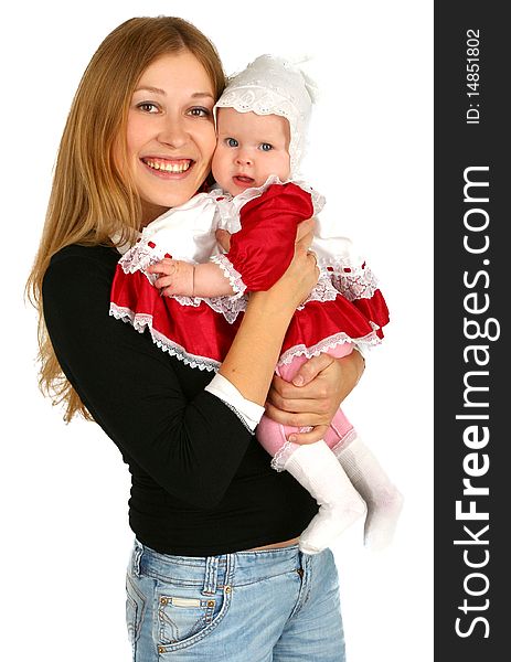 Young  mother with baby girl on white background