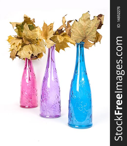 Bright multicolored design decorative bottles with wither maple leaves. Bright multicolored design decorative bottles with wither maple leaves