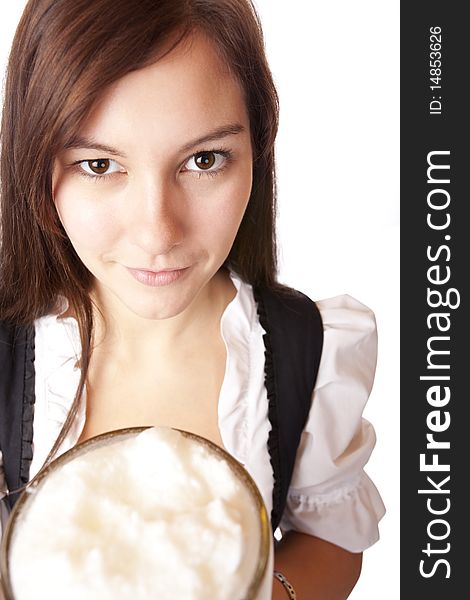 Closeup of a Beautiful woman holding Oktoberfest beer stein. Isolated on white. Closeup of a Beautiful woman holding Oktoberfest beer stein. Isolated on white.