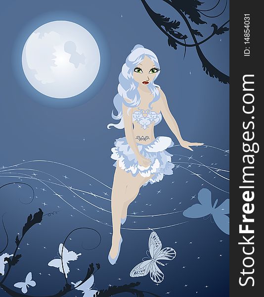 Lunar fairy in night sky with butterflies  illustration
